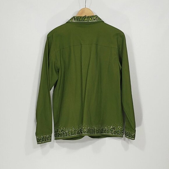 Quacker Factory  Olive Green Jeweled Bedazzled Cotton Jacket  Women's Size M - Picture 2 of 3